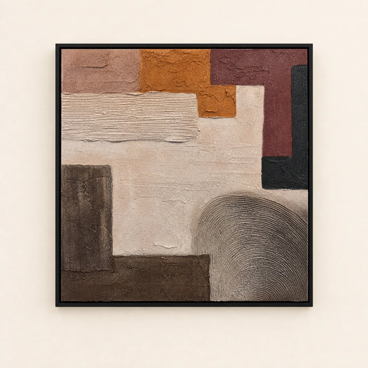 Grounded hand painted textured oil painting in black wood frame, 60 x 60 cm