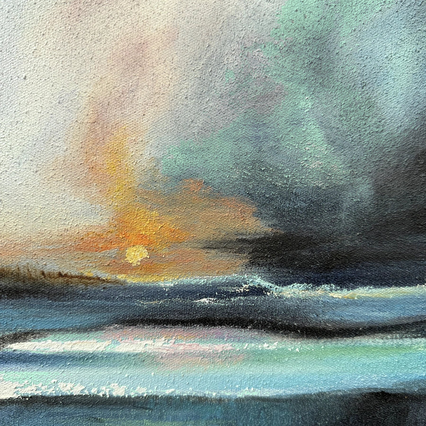 Close-up of Misty Dawn textured oil painting with ink-wash inspired blue and dawn tones
