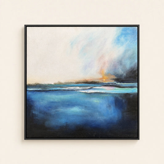 Misty Dawn hand-painted textured seascape wall art with misty blue ocean tones and black frame
