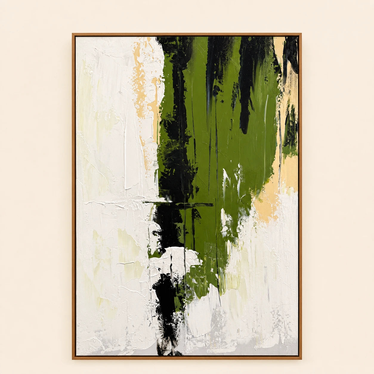 Moss Stillness hand painted textured oil painting in natural wood frame, 70 x 100 cm