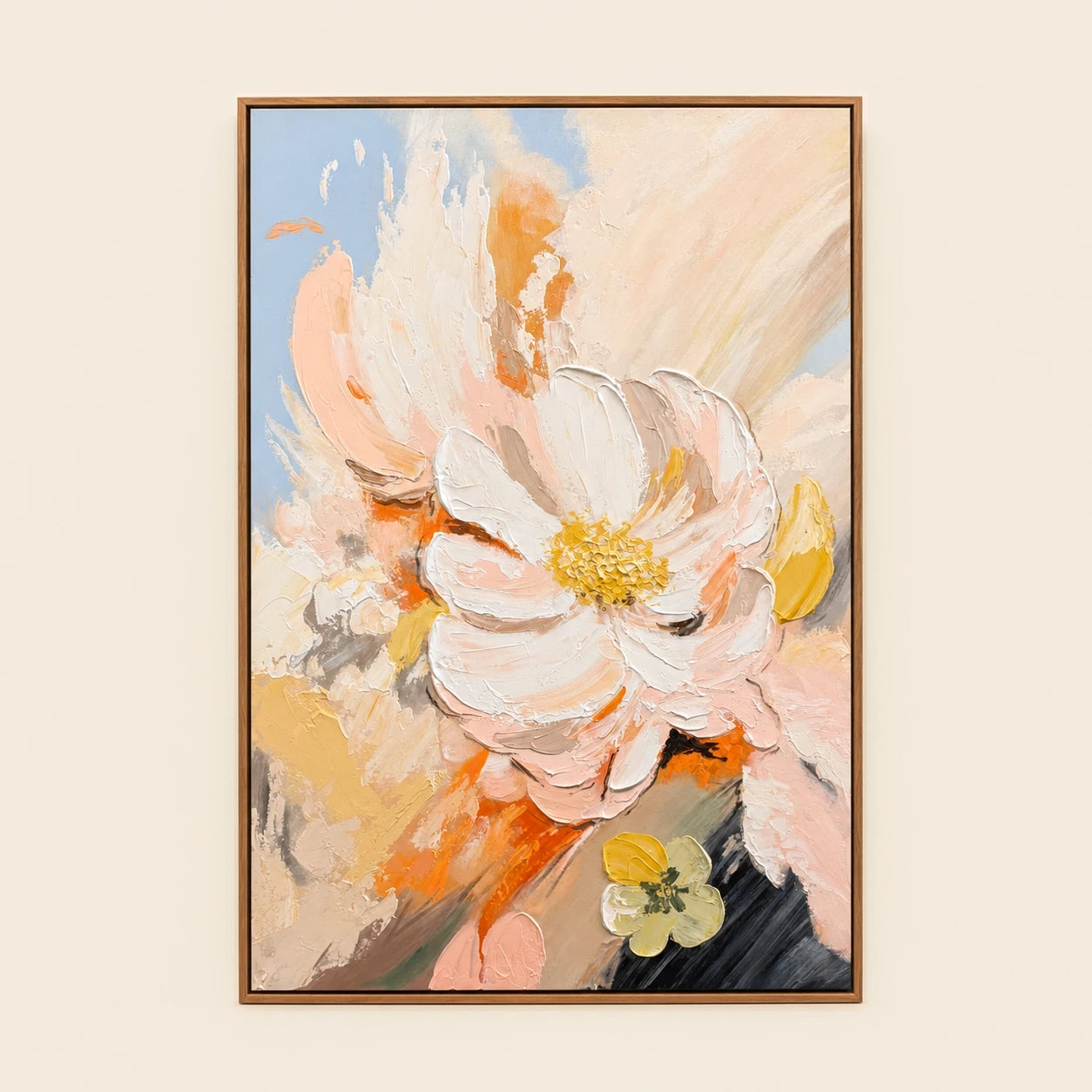 Peony Meadow hand painted textured oil painting in natural wood frame, 70 x 100 cm