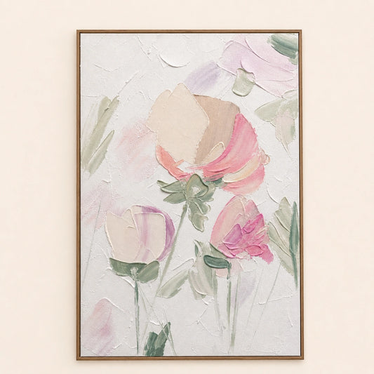 Soft Bloom hand painted textured oil painting in natural wood frame, 70 x 100 cm