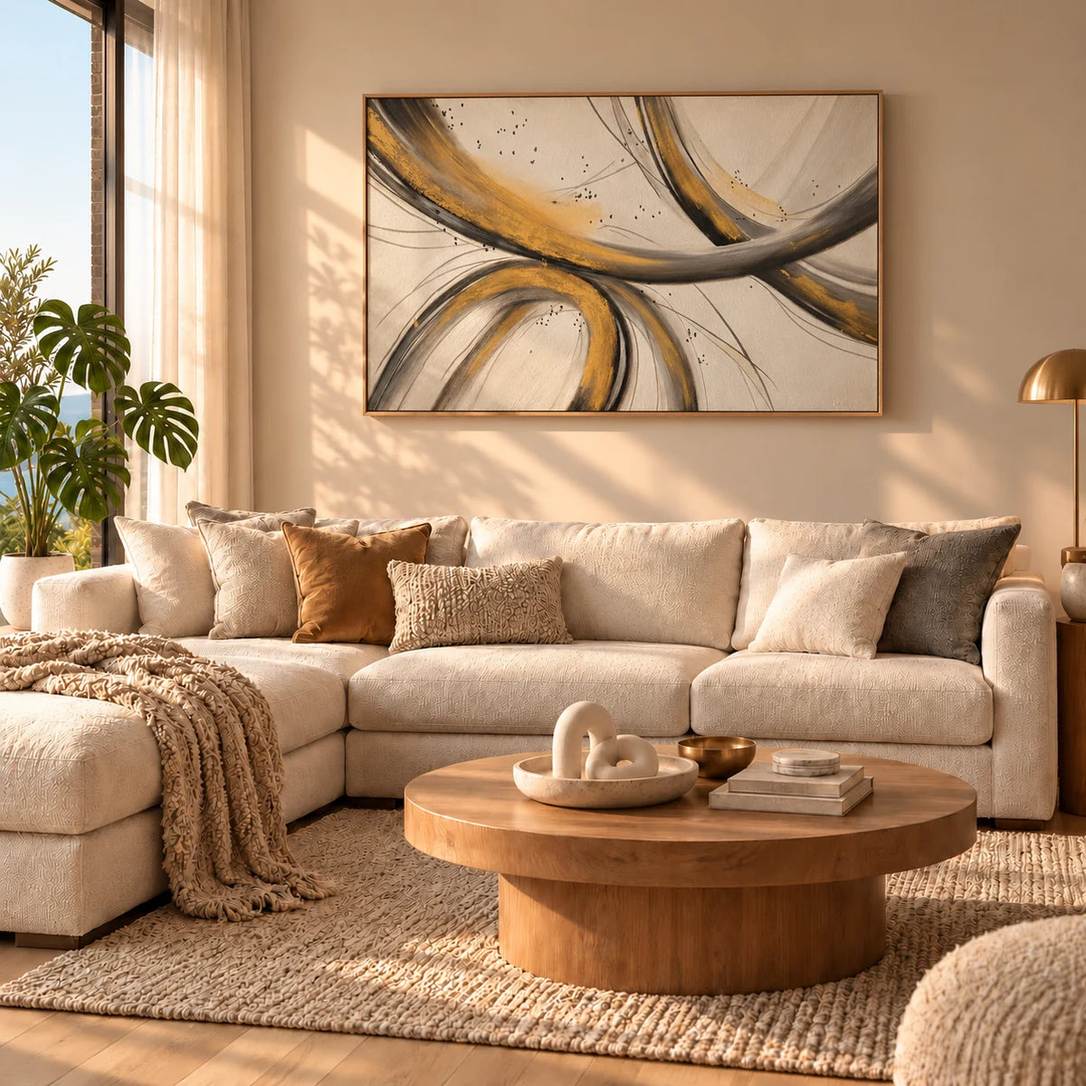 Stellar Path 120 x 80 cm hand-painted black and gold abstract wall art in a styled room scene