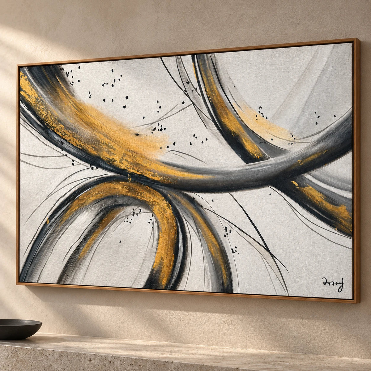 Stellar Path 120 x 80 cm hand-painted black and gold abstract artwork in a warm editorial interior