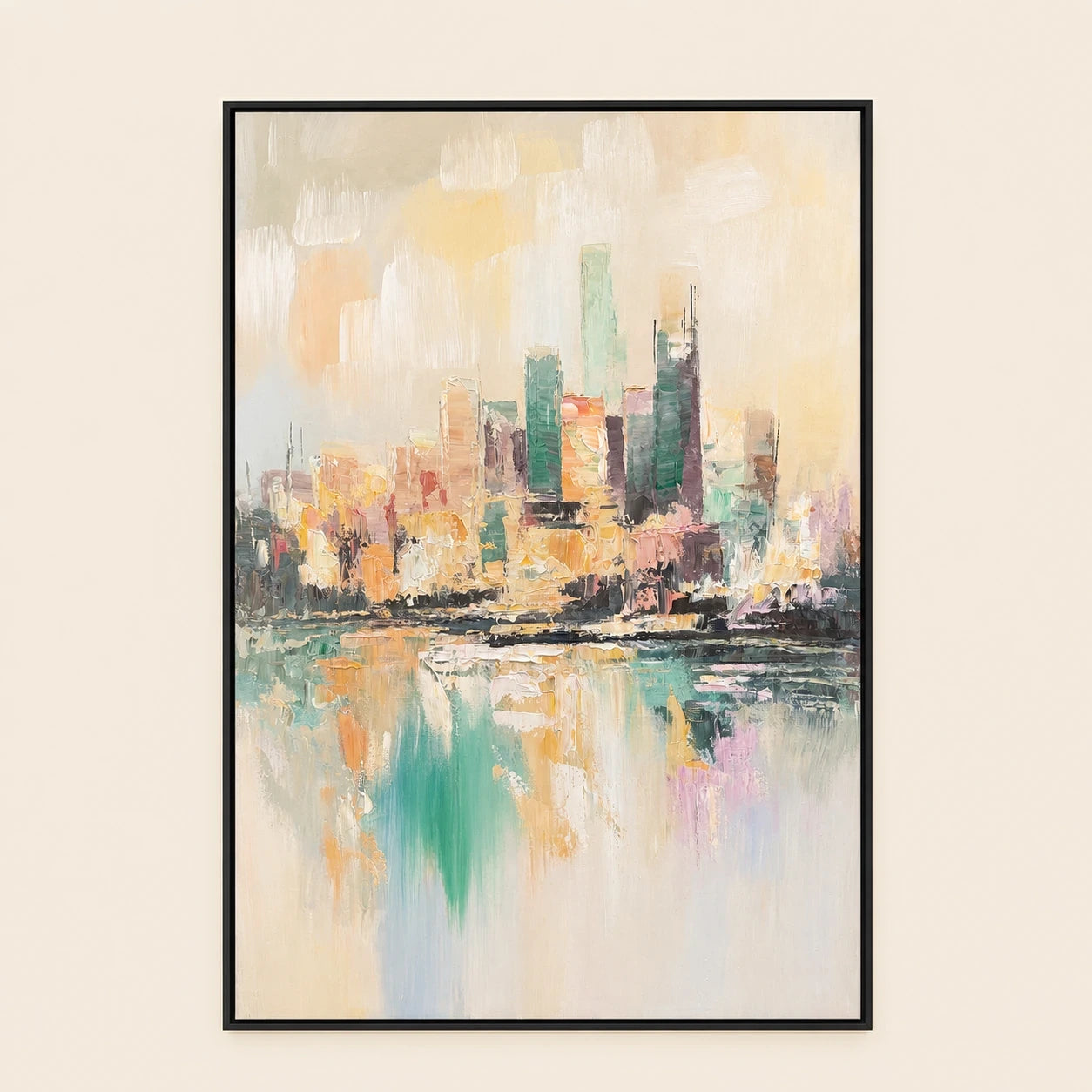 Urban Reflection hand painted textured oil painting in black wood frame, 70 x 100 cm