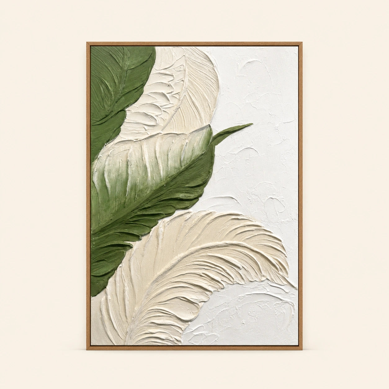 Verdant Leaves hand painted textured oil painting in natural wood frame, 70 x 100 cm
