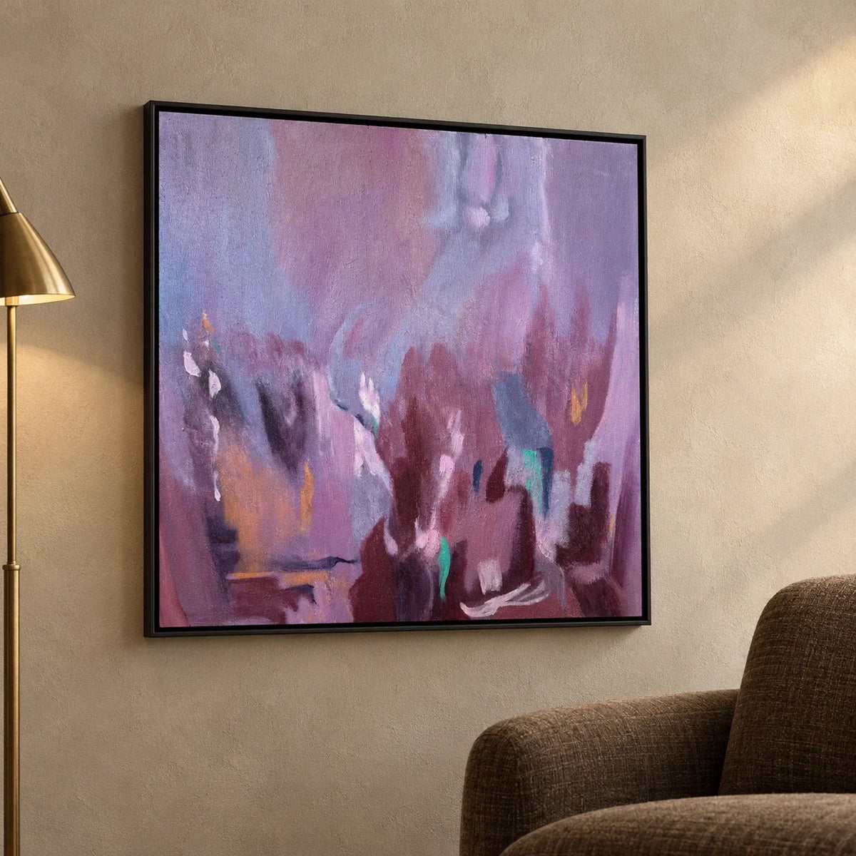 Violet Layers abstract wall art styled in a warm neutral living room