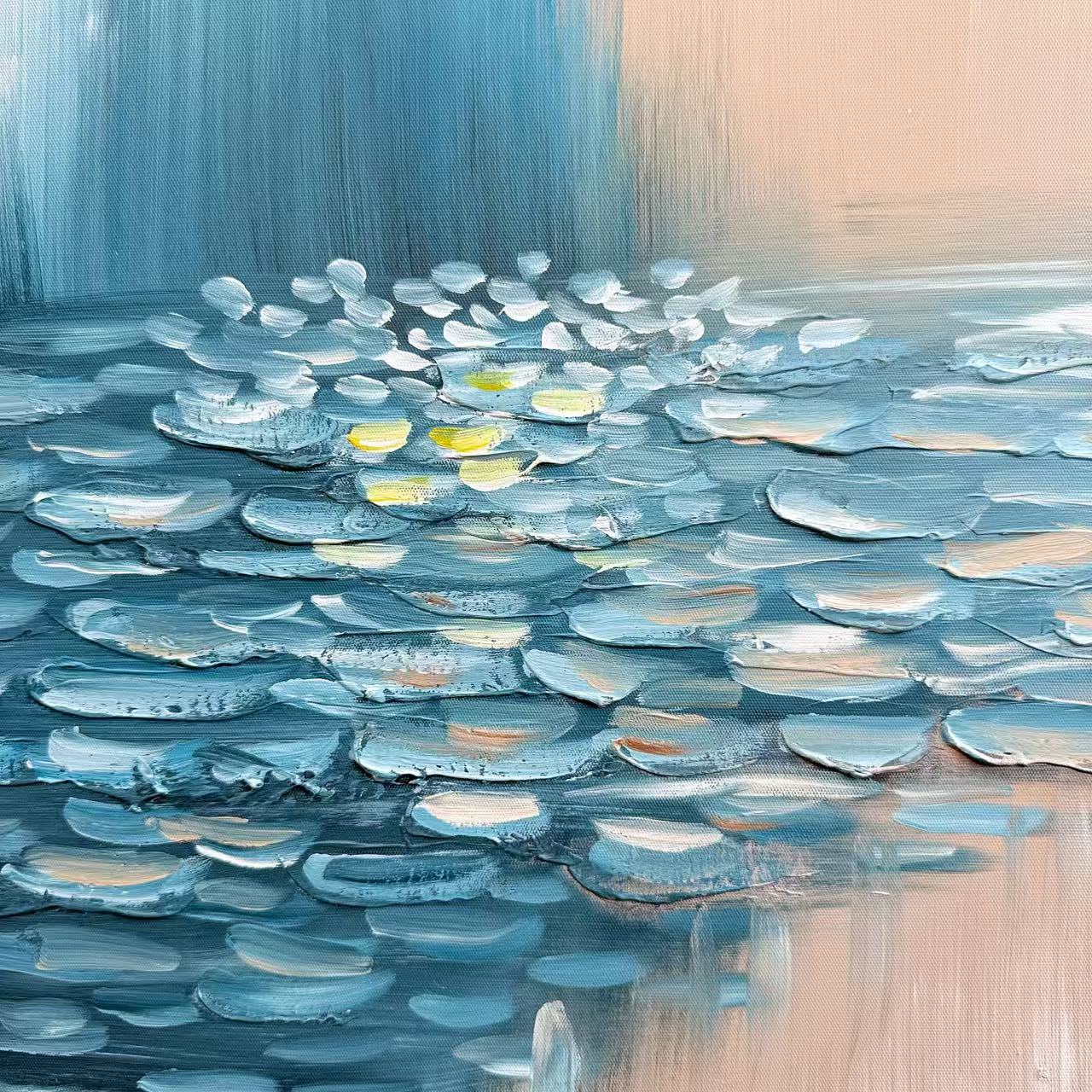 Quiet Lily textured oil painting detail contemporary wall art blue reflections and blush tones