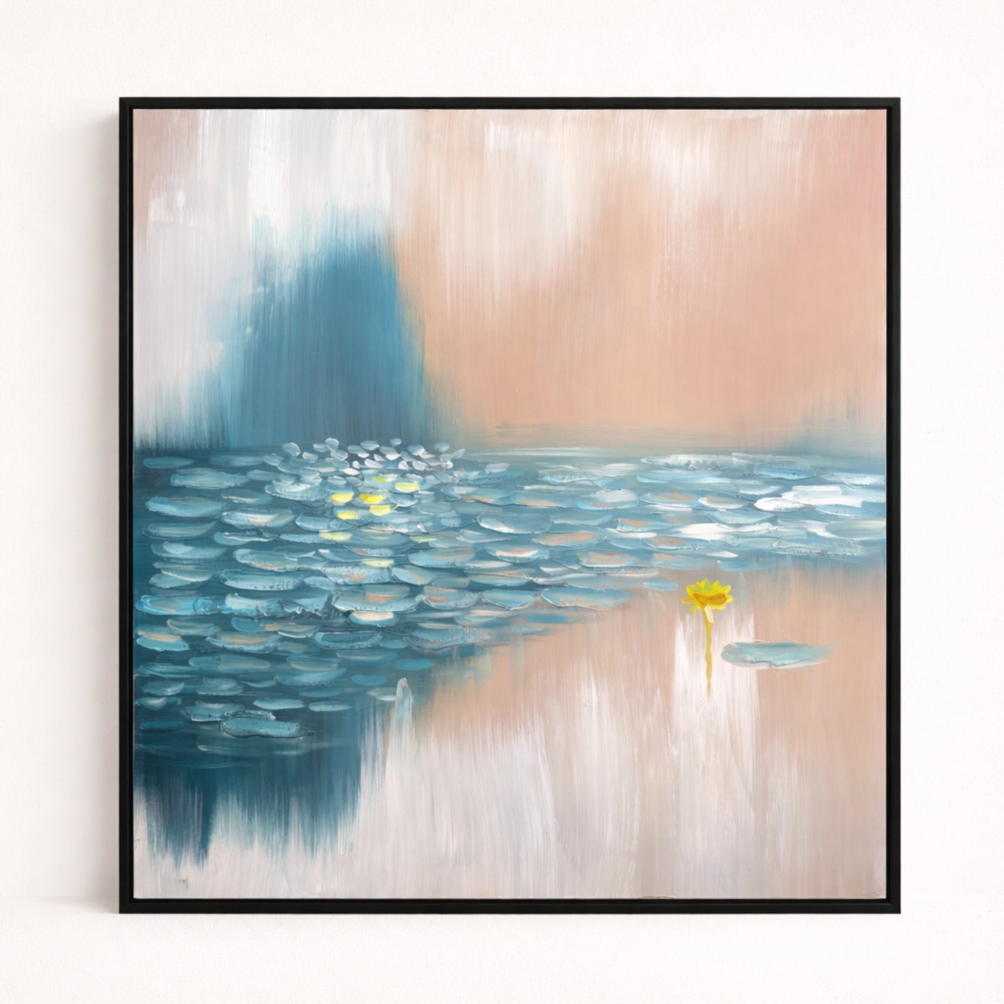 Quiet Lily hand-painted textured landscape wall art, 60x60cm oil painting in black wood frame