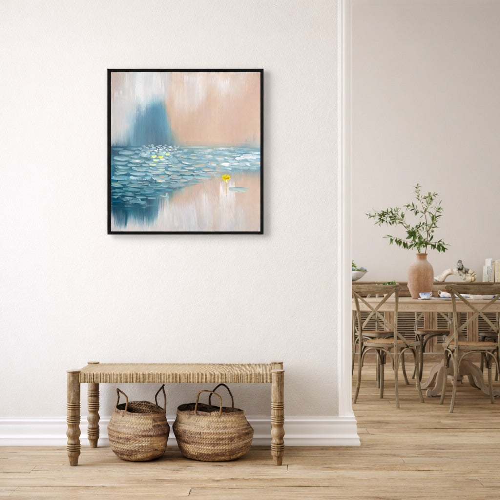 Quiet Lily hand painted contemporary wall art 60x60cm styled in a soft neutral room