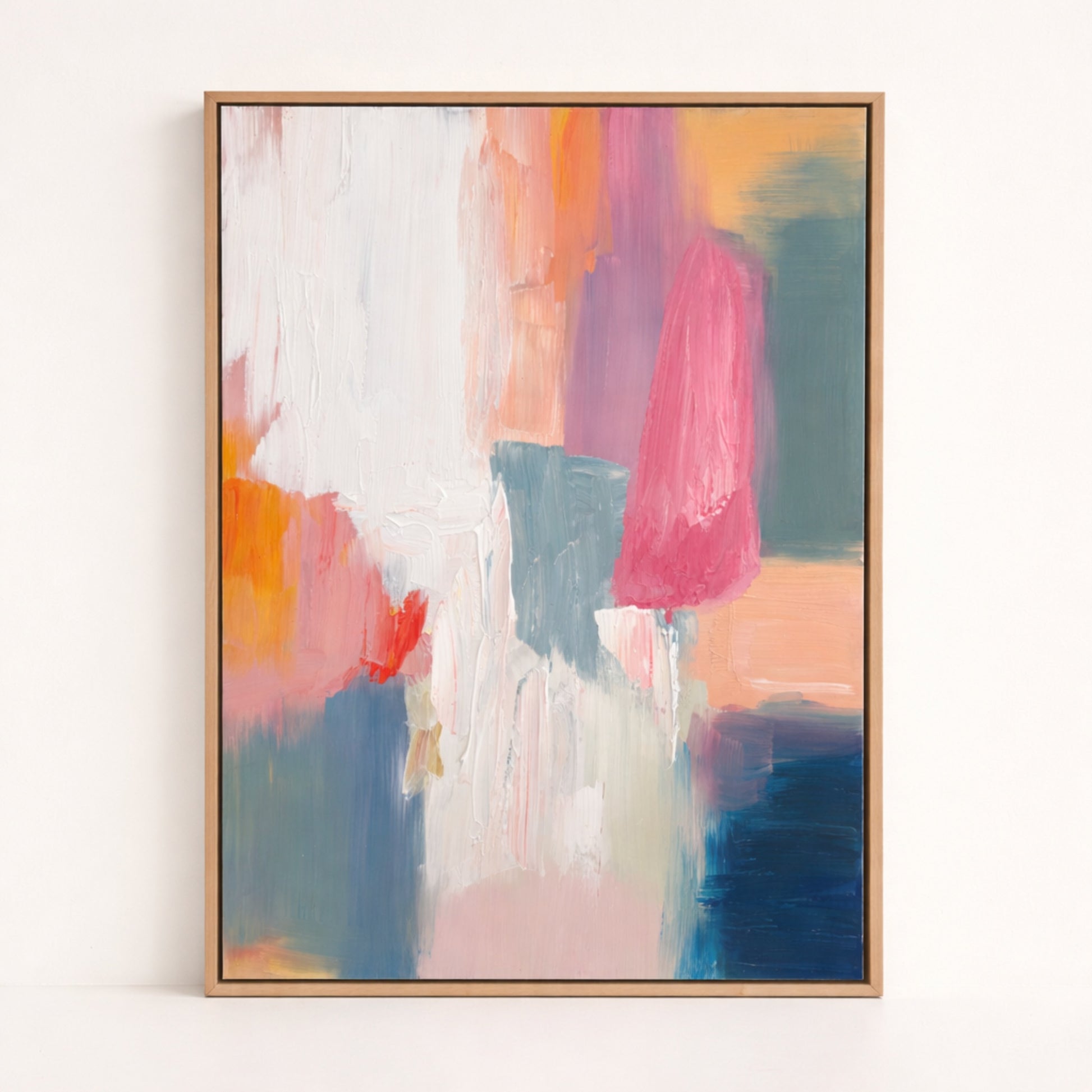 Rose Haze hand painted oil painting 70x100cm abstract wall art NZ natural wood frame front view