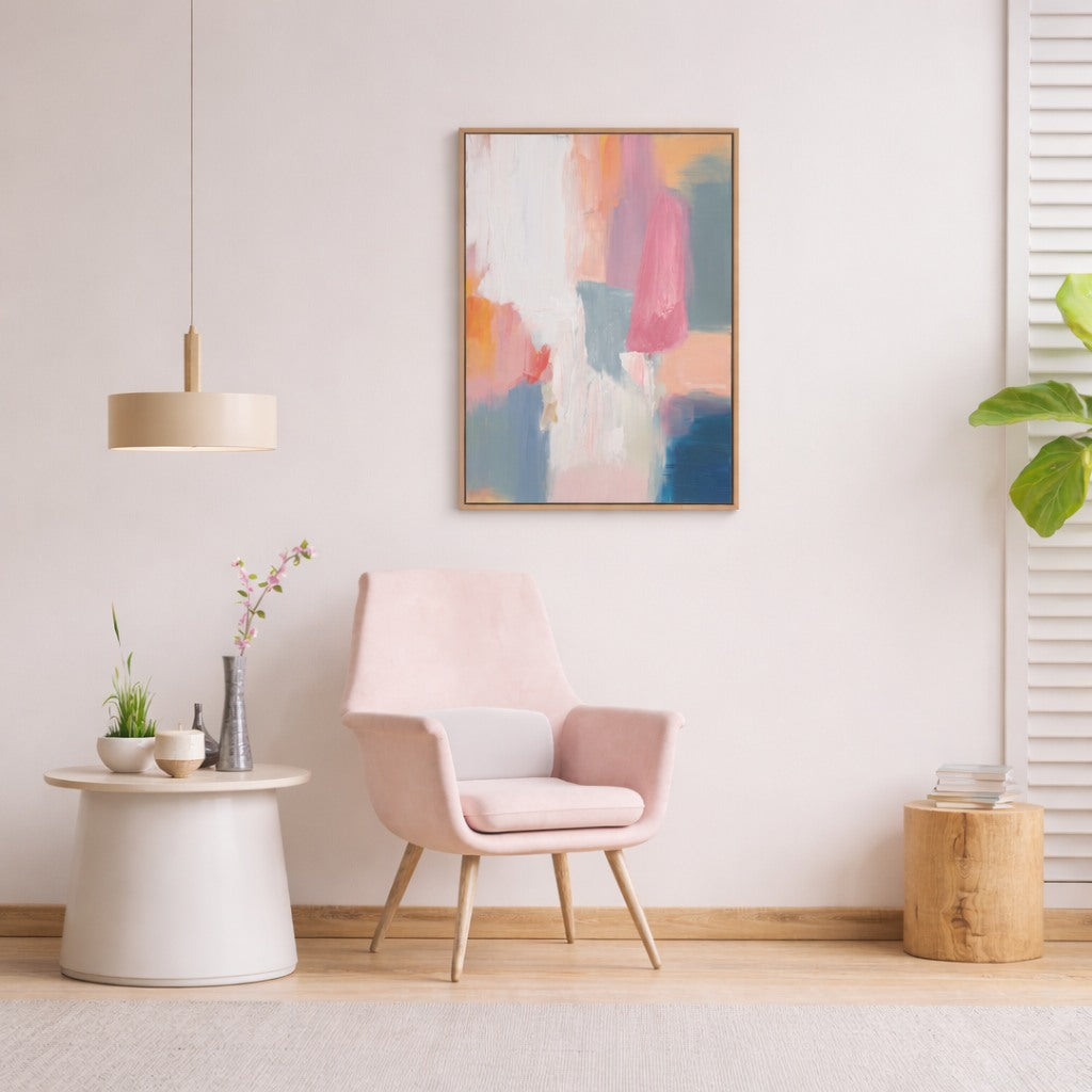 Rose Haze hand painted abstract wall art NZ 70x100cm styled in a blush-toned dining space