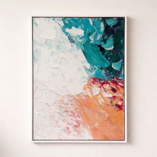 Seafoam & Saffron hand painted oil painting 50x70cm black frame wall art NZ front view