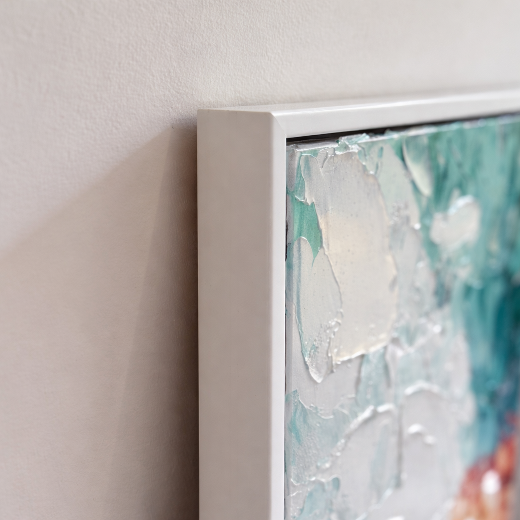 Seafoam & Saffron black frame corner detail ready to hang