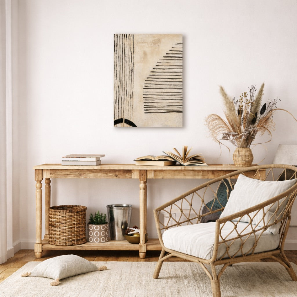 Silent Arch hand painted minimalist wall art NZ 40x60cm styled in a calm workspace