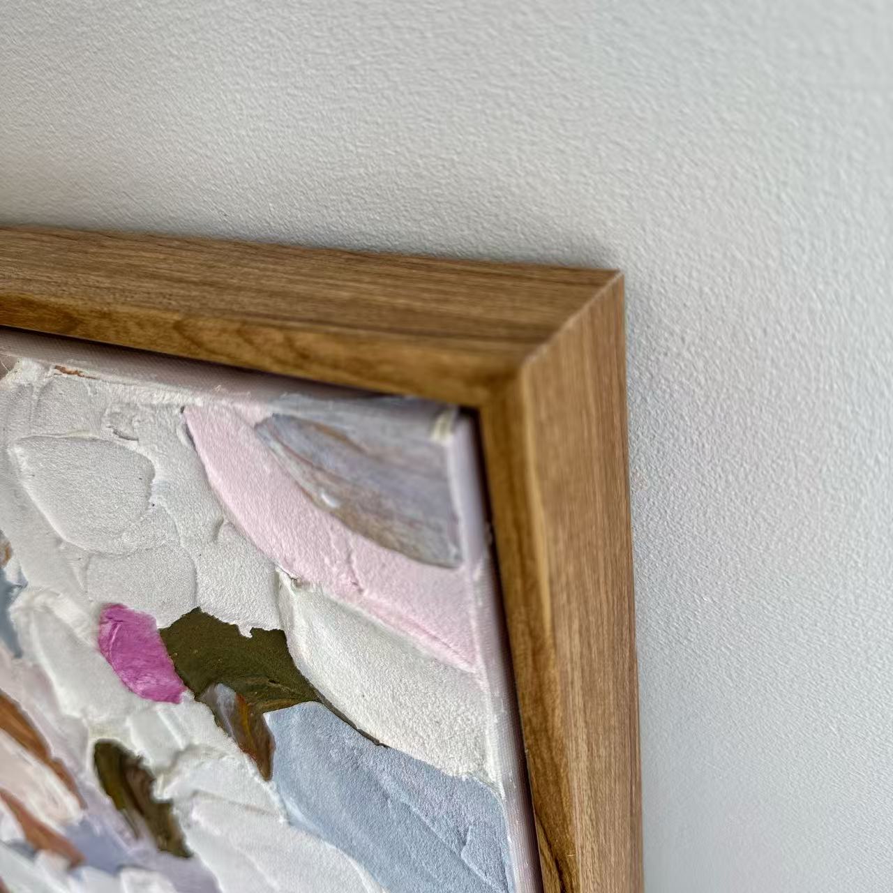 Soft Confetti natural wood frame corner detail hand painted wall art NZ