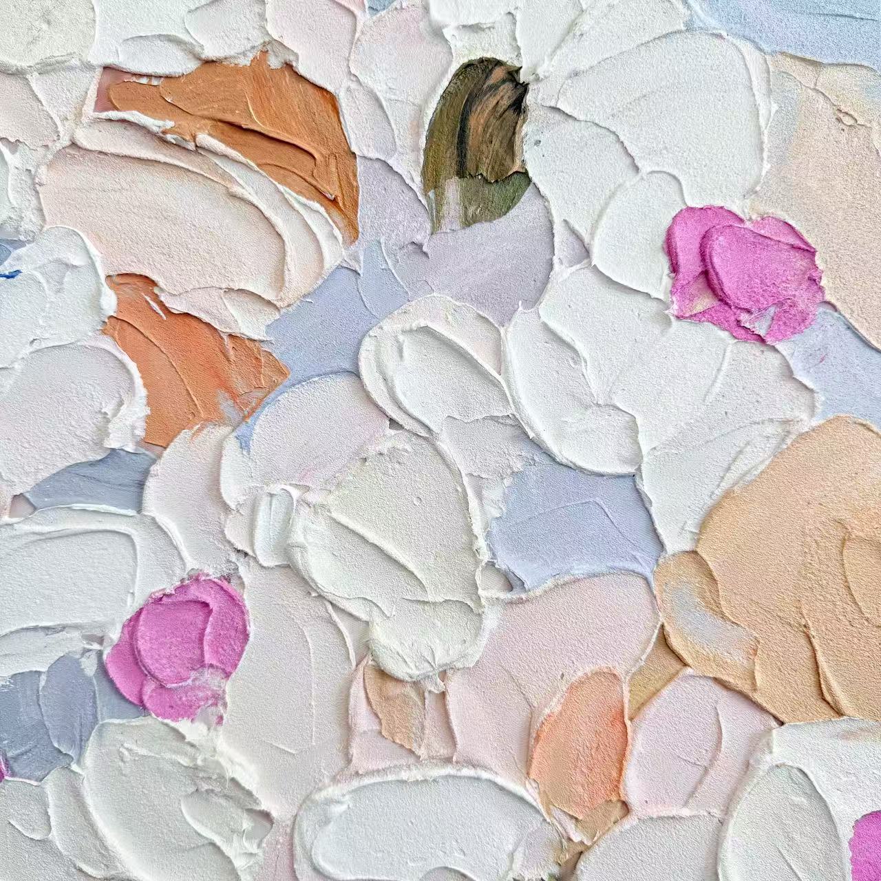 Soft Confetti textured oil painting detail floral wall art NZ pastel pink cream and lavender tones