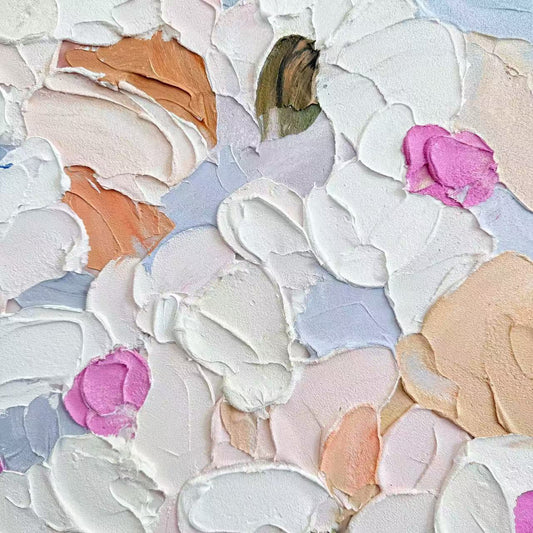 Soft Confetti textured oil painting detail floral wall art pastel pink cream and lavender tones