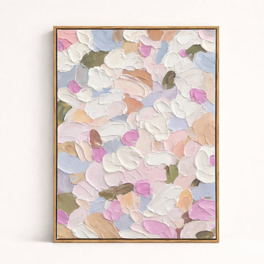Soft Confetti hand painted oil painting 50x70cm floral wall art NZ natural wood frame front view