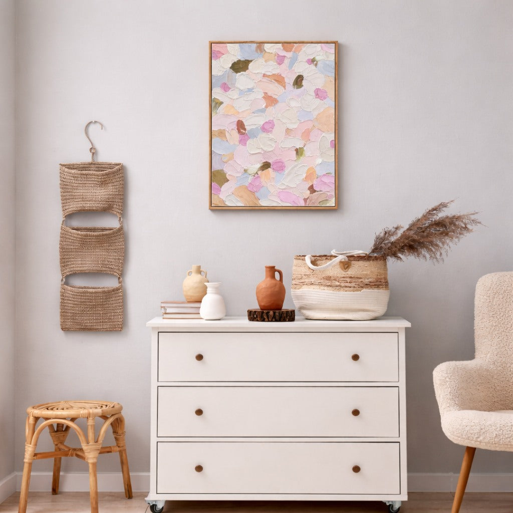 Soft Confetti hand painted floral wall art NZ 50x70cm styled in a soft bedroom
