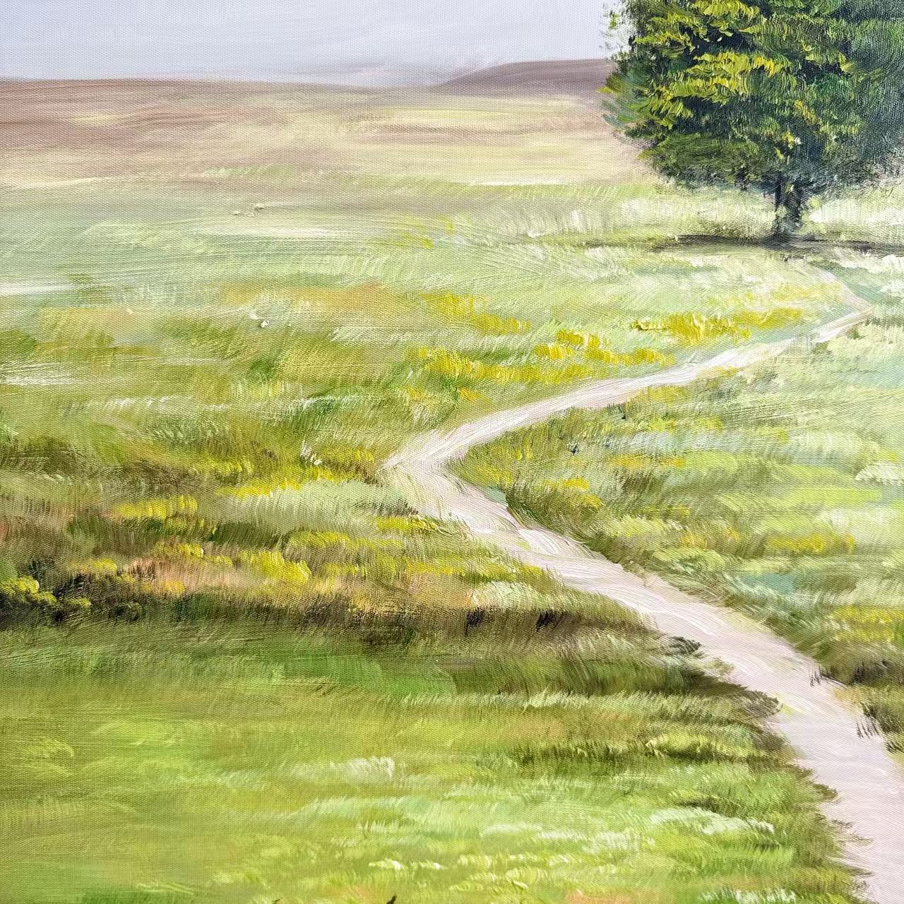 Still Meadow textured oil painting detail landscape wall art NZ green meadow and sky tones