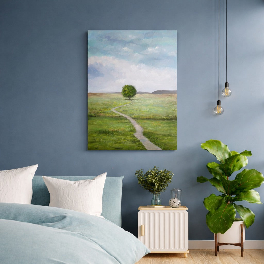 Still Meadow hand painted landscape wall art NZ 70x100cm styled in a bedroom