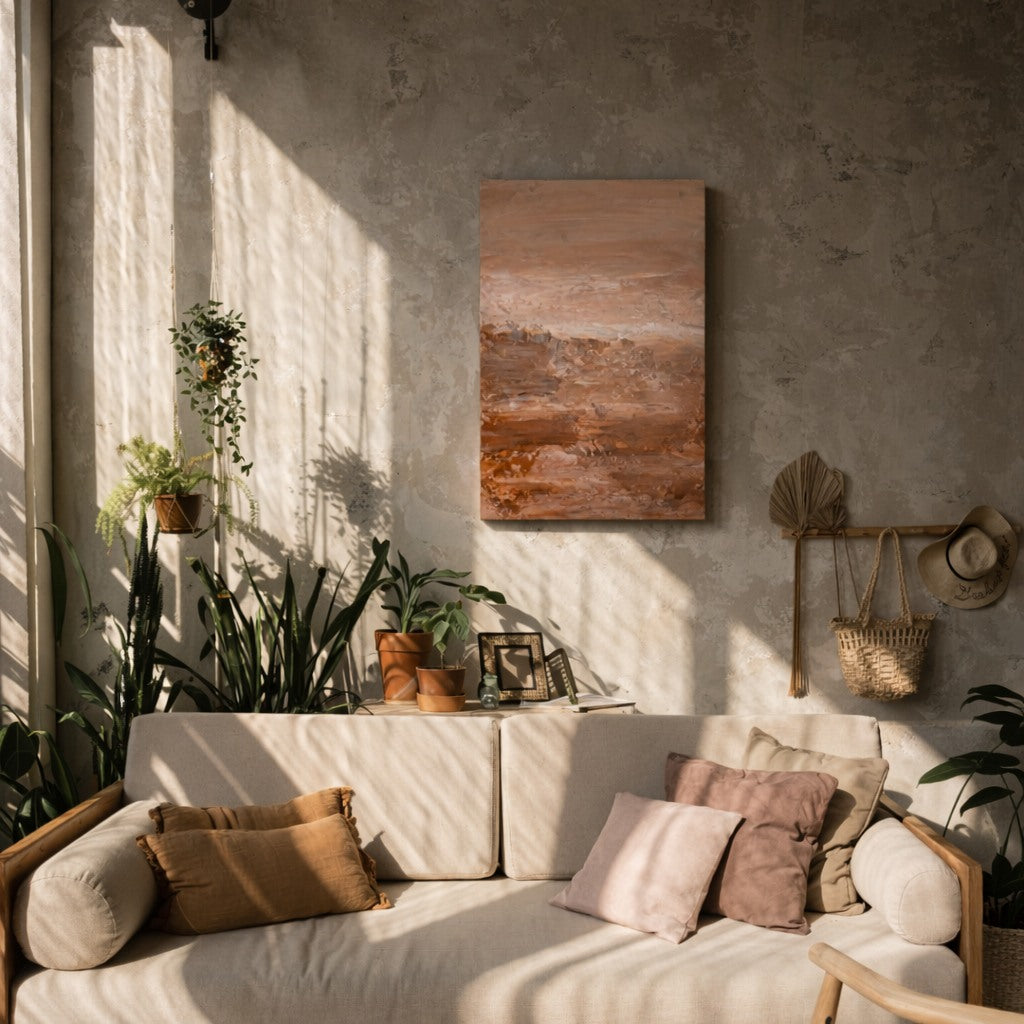 Terra Haze hand painted earthy wall art 50x70cm styled in a warm living room