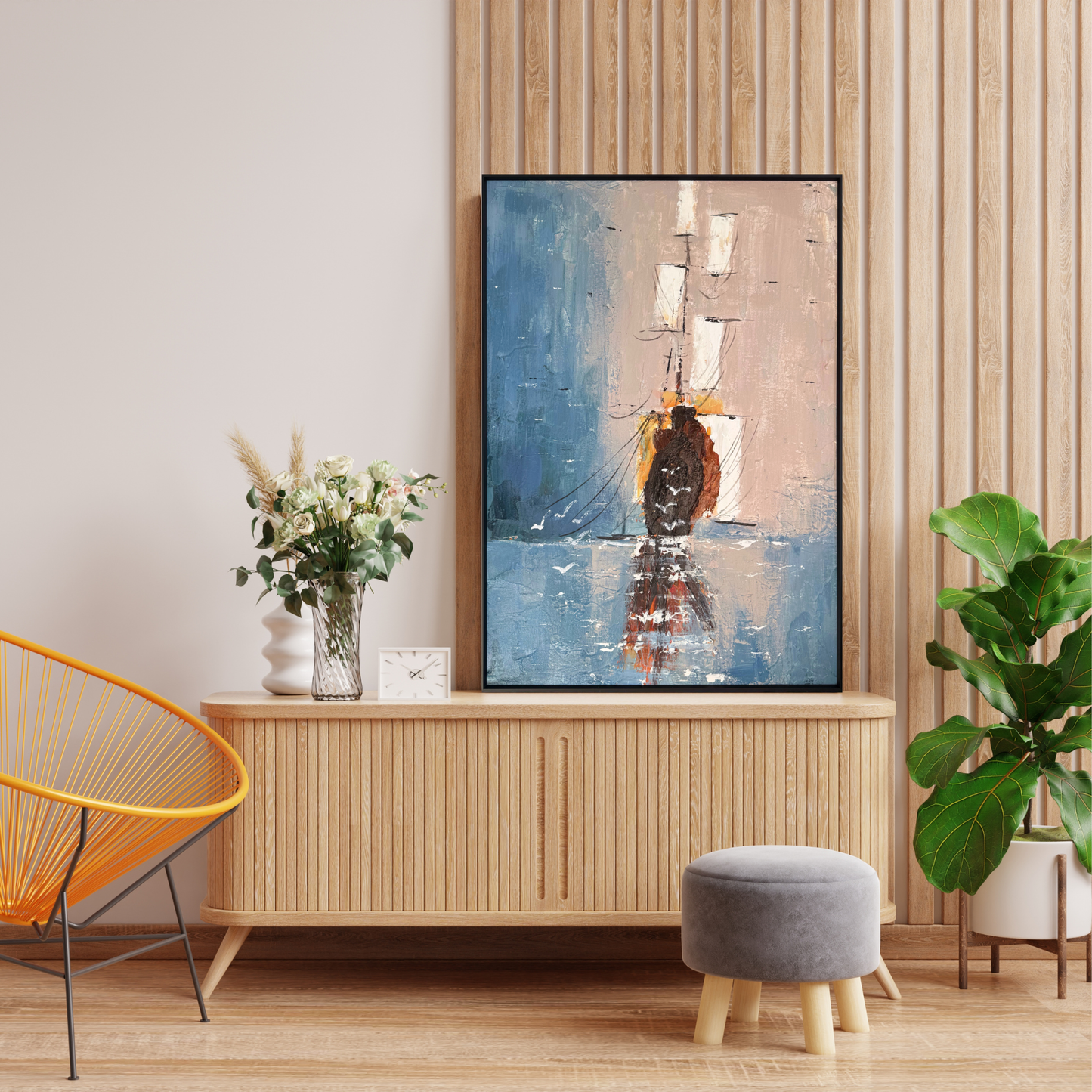Abstract Sailing Boat coastal wall art in modern NZ living room black frame