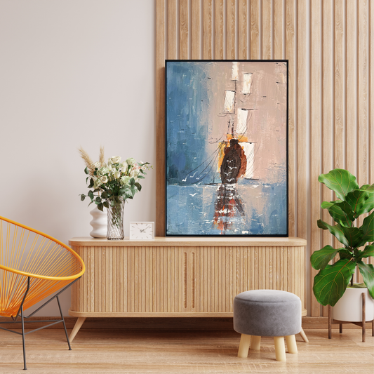 Abstract Sailing Boat coastal wall art in modern living room black frame