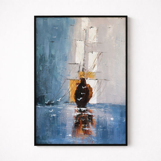 Abstract Sailing Boat hand painted oil painting 50x70cm black frame wall art NZ front view