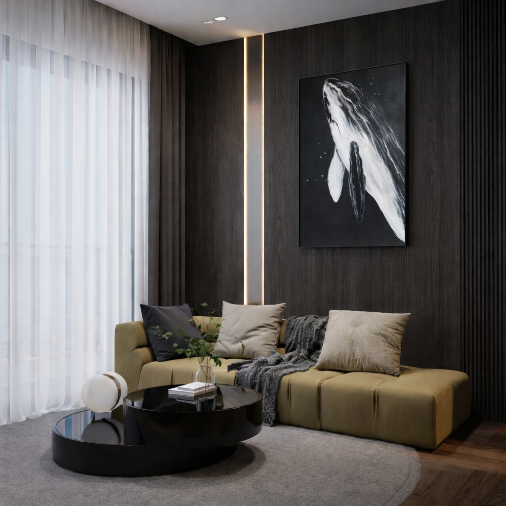 Abyss large abstract wall art in modern NZ living room black frame