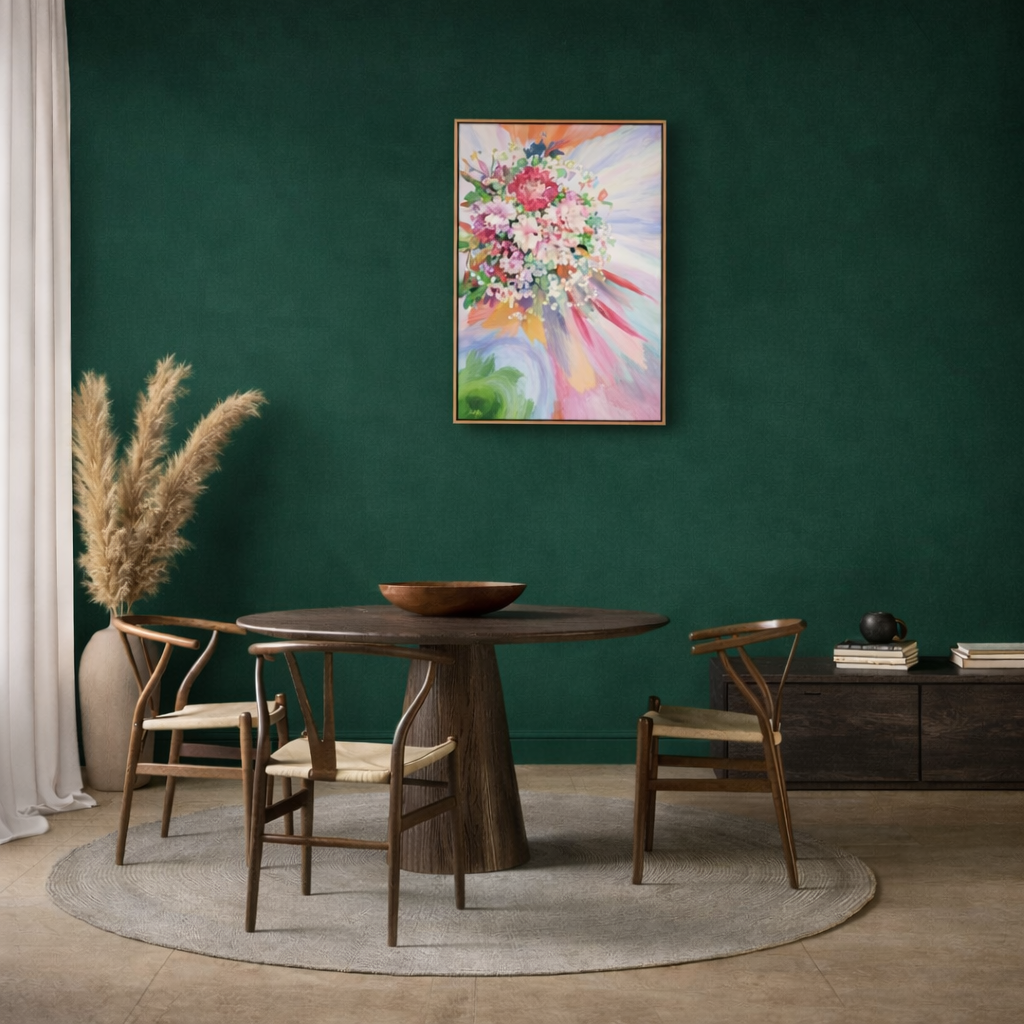 Blooming Joy botanical wall art in bright NZ dining room wood frame