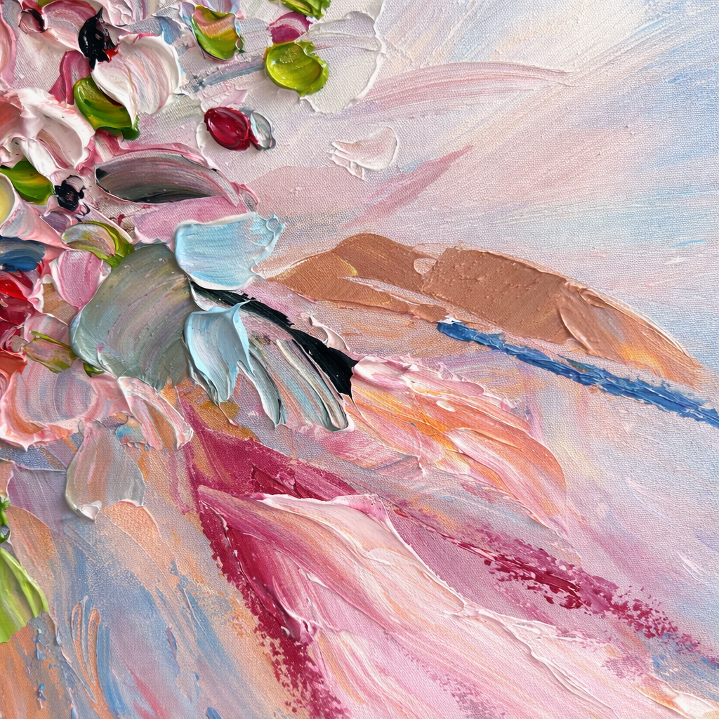 Blooming Joy floral textured oil painting canvas impasto petal detail close up