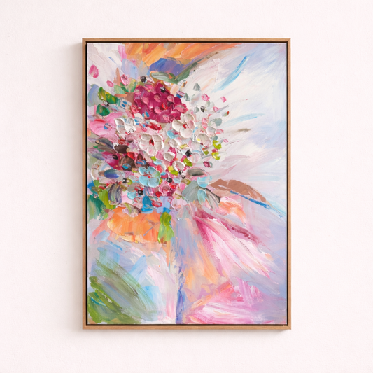 Blooming Joy hand painted oil painting 50x70cm natural wood frame wall art NZ front view