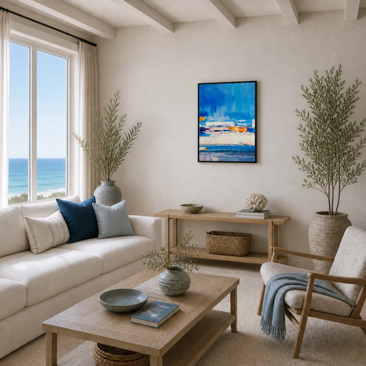 Blue Horizon Hand Painted Textured Oil Painting 50x70cm hand-painted wall art in styled room scene