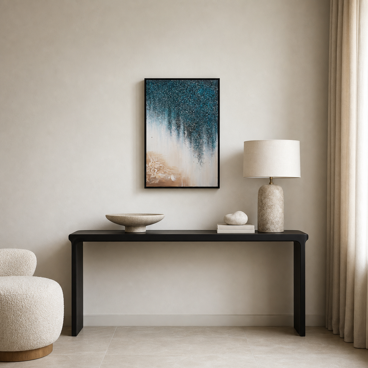 Blue Veil hand-painted wall art in styled room scene