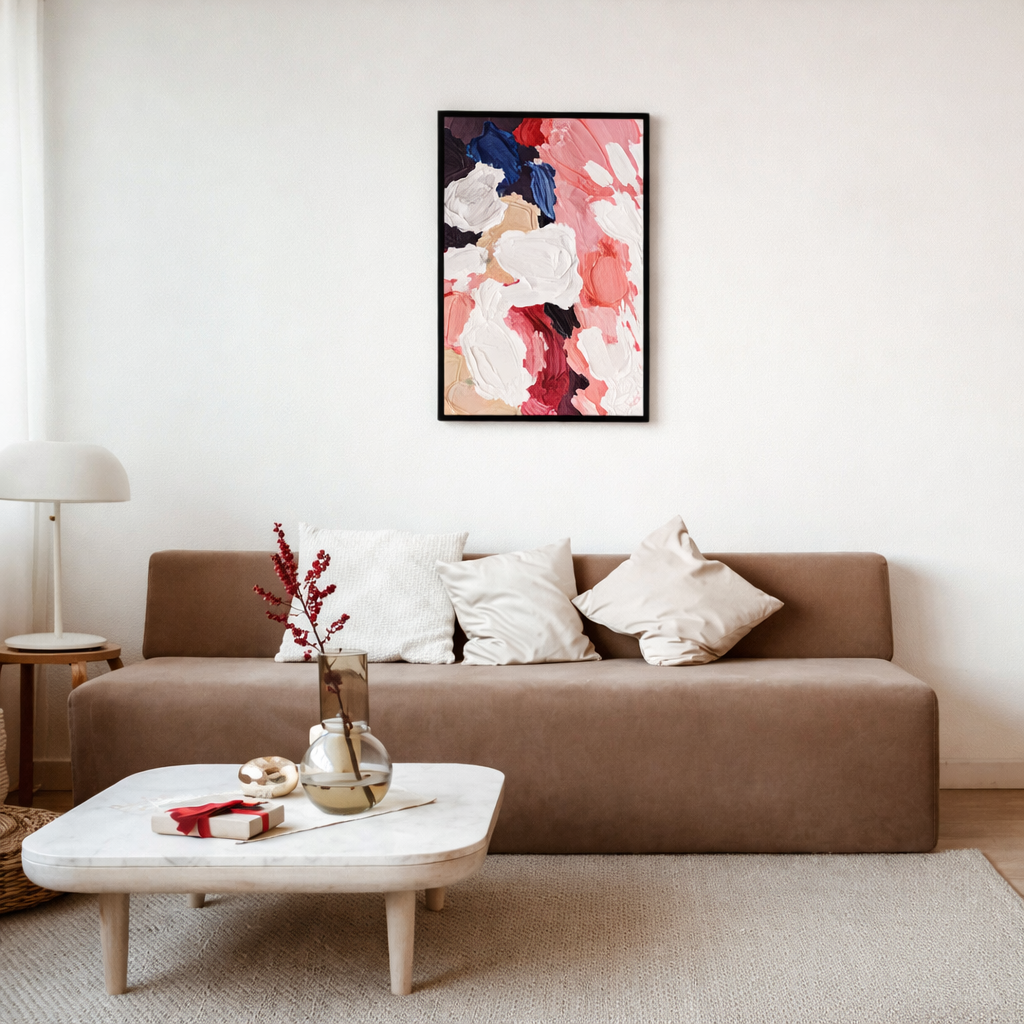 Blush & Bloom botanical wall art in modern NZ bedroom black frame