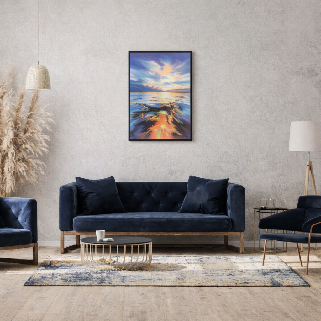Coastal Dreams beach wall art in coastal living room black frame