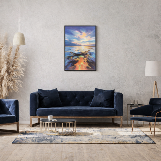 Coastal Dreams beach wall art in coastal living room black frame