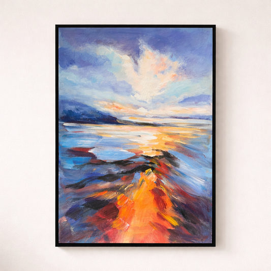 Coastal Dreams hand-painted textured seascape wall art, 50x70cm oil painting in black frame