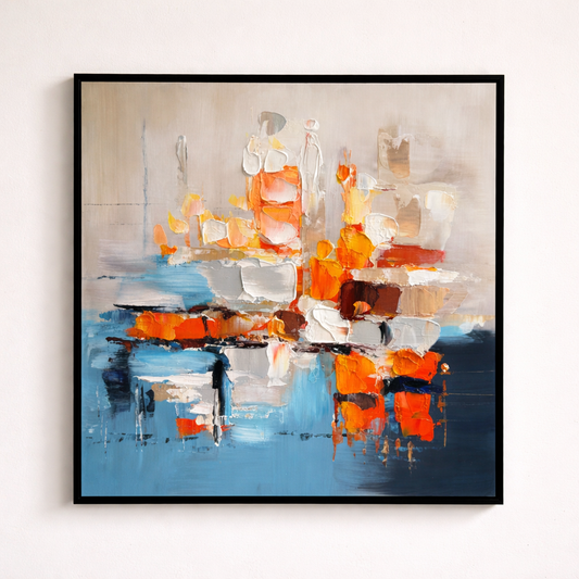 Ember Blue abstract canvas 60x60cm black frame wall art NZ front view