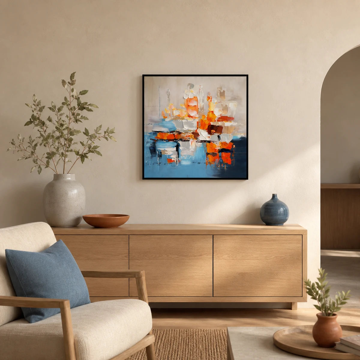 Ember Blue Hand Painted Textured Oil Painting 60x60cm hand-painted wall art in styled room scene