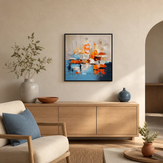 Ember Blue Hand Painted Textured Oil Painting 60x60cm hand-painted wall art in styled room scene
