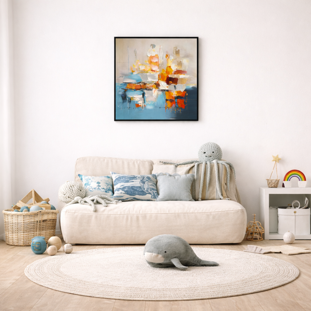 Ember Blue modern wall art in contemporary NZ living room black frame