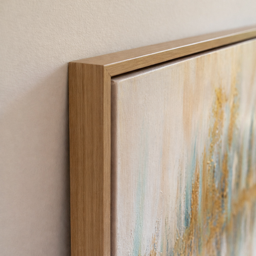 Gilt natural wood frame corner detail ready to hang
