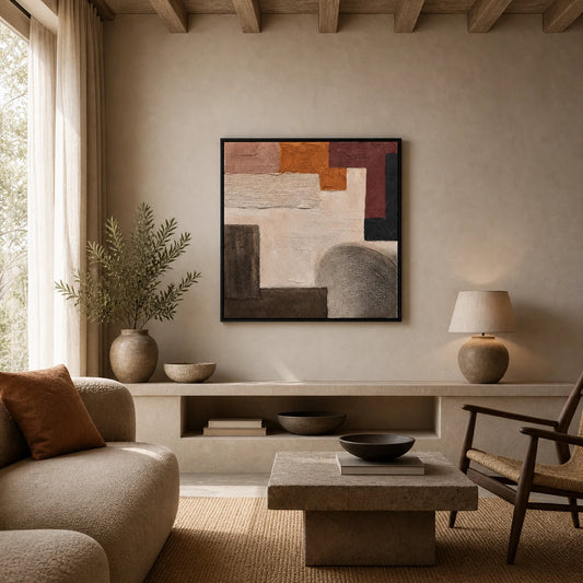 Grounded Hand Painted Textured Oil Painting 60x60cm hand-painted wall art in styled room scene