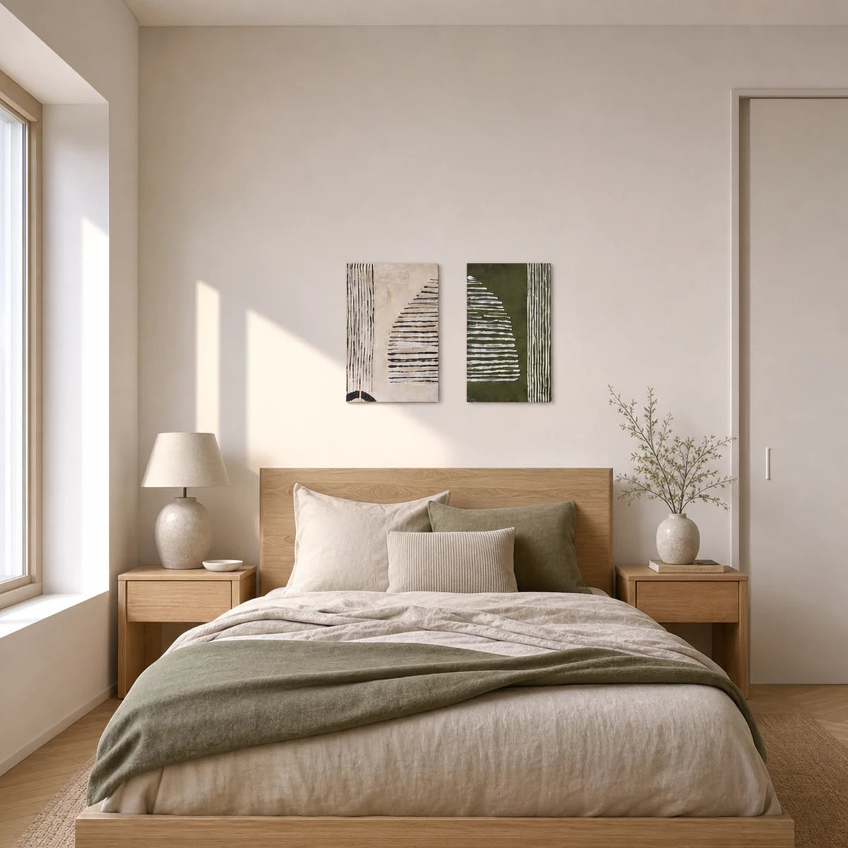 Olive Lines / Silent Arch Hand Painted Textured Oil Paintings 40x60cm hand-painted wall art in styled room scene