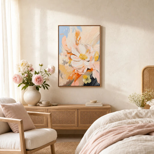 Peony Meadow Hand Painted Textured Oil Painting 70x100cm hand-painted wall art in styled room scene