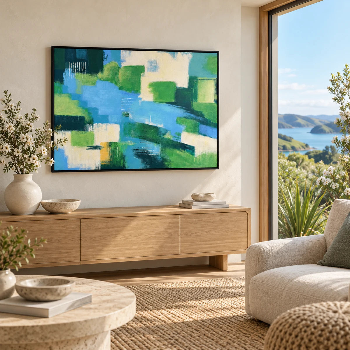 Blue Spring 100 x 70 cm hand-painted wall art in a coastal room with New Zealand harbour view