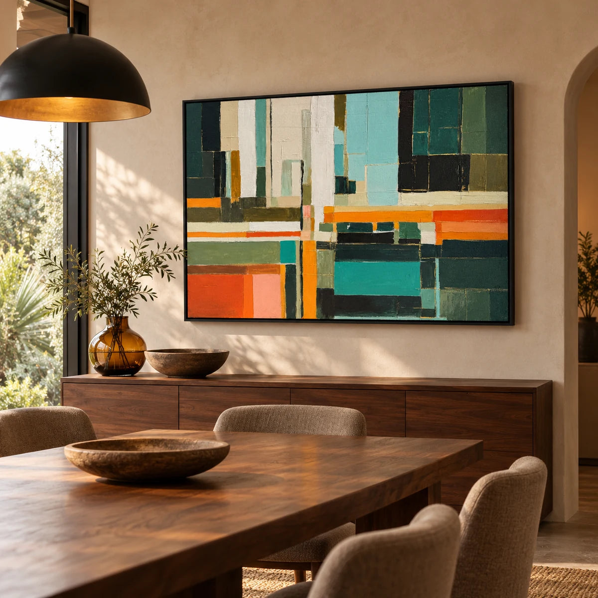 Geothermal Order 120 x 80 cm hand-painted wall art in a deep-wood dining room